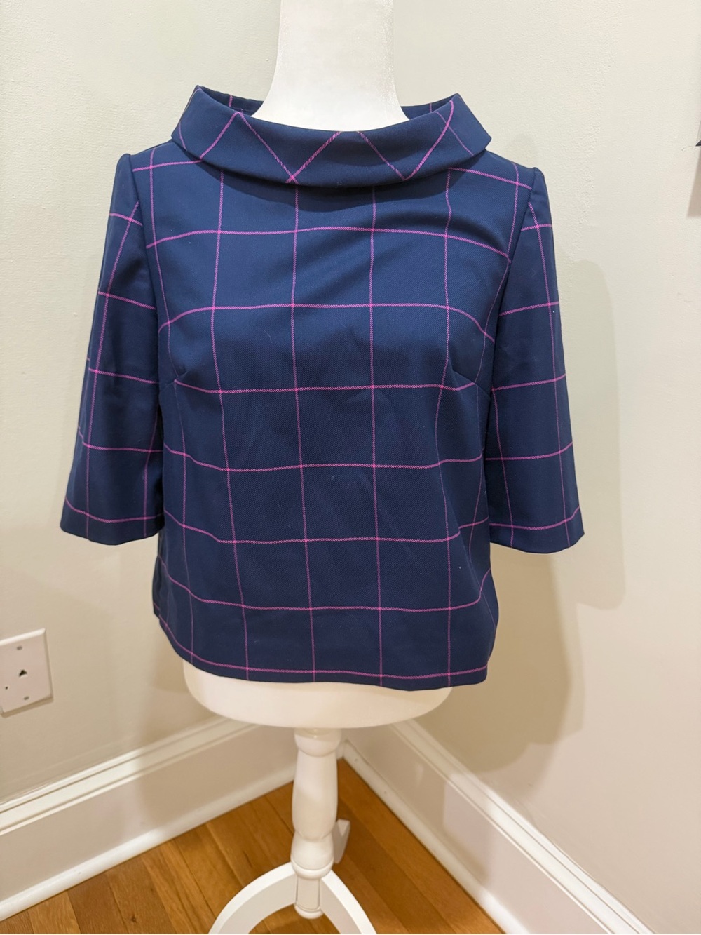 Trina Turk Navy Windowpane Mock Neck boat neck Top - listing matching pants too